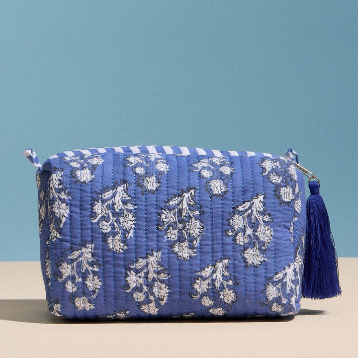 Frem - Blue Quilted Floral Cosmetic Pouch | Zipper Makeup Bag with Tassel: BL / ONE