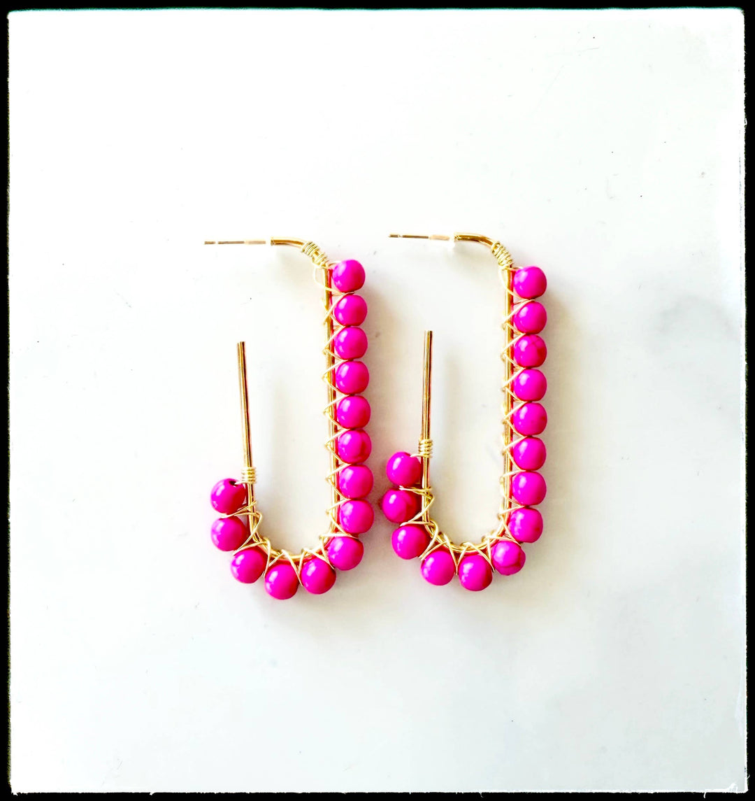 GentrybyJenna - Wire Wrap Open Hoop Glass Bead Dangle Earring Howlite Pink