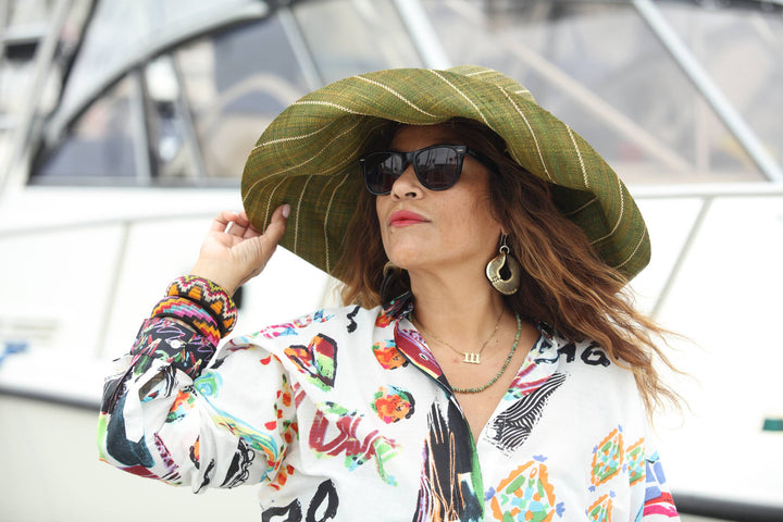 Shebobo - Sun Hats: Pinstripe Packable 5" & 7" Brim Raffia Straw: 5" Brim / Brights Multicolor Pinstripes