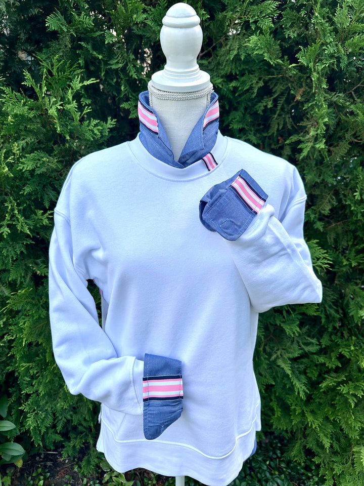 Pearly Vine - Casie 2 - Navy Oxford w/Navy, White & Pink Stripe Ribbon: Navy w Blue White & Pink Stripe Ribbon / L