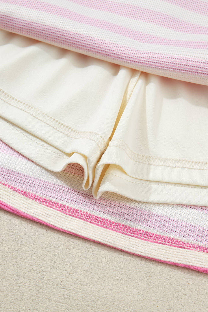 Striped Sleeveless Polo Two-Piece Set Casual Outfit: Sachet Pink / XL