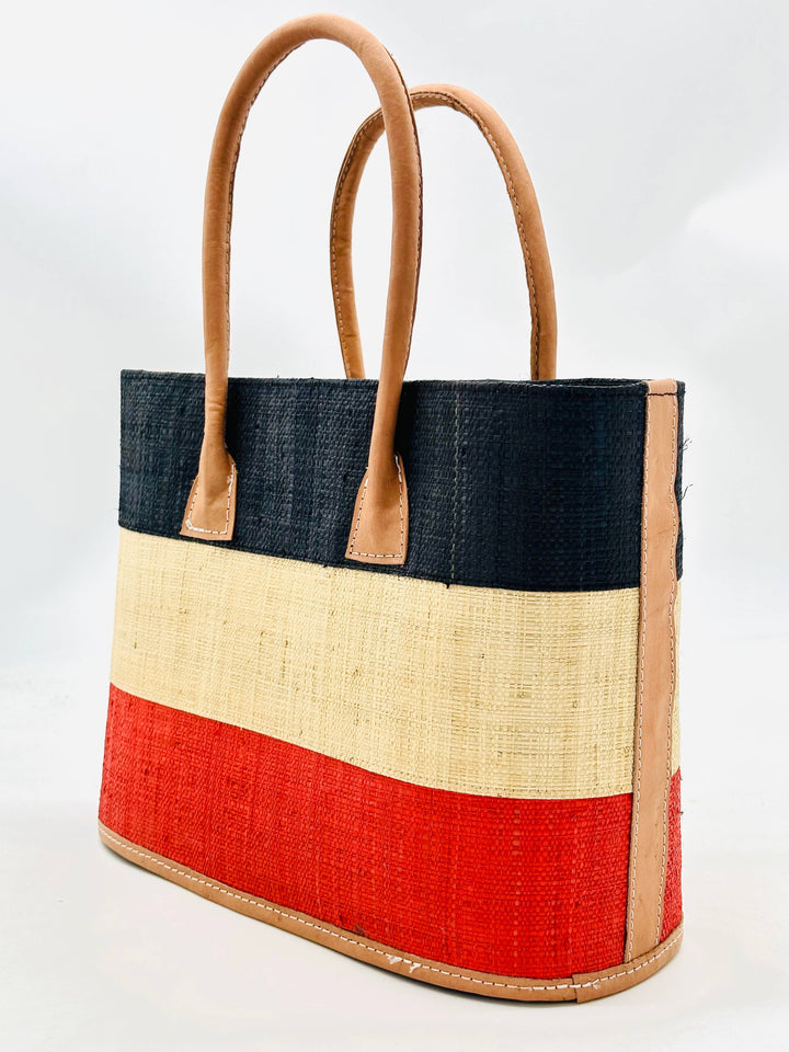 Shebobo - Santorini Color Block Straw Basket Bag Handbag: Medium / Tobacco & Black