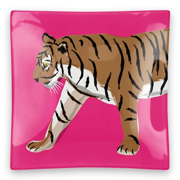 Clairebella - Walking Tiger Square Glass Trinket Tray: Navy
