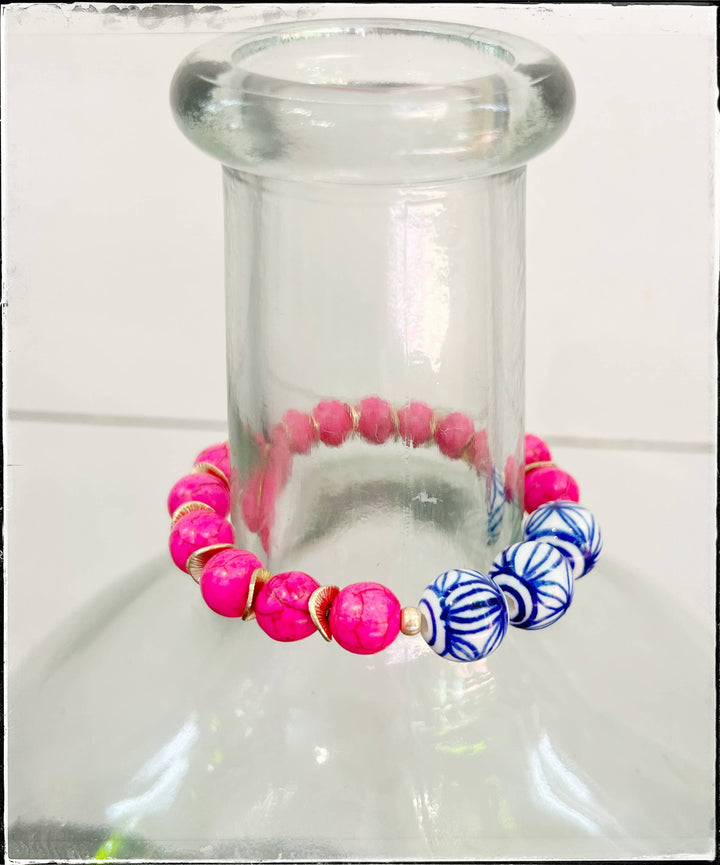 GentrybyJenna - Pink Turquoise Gemstone & Chinoiserie Bead Stretch Bracelet: 7”