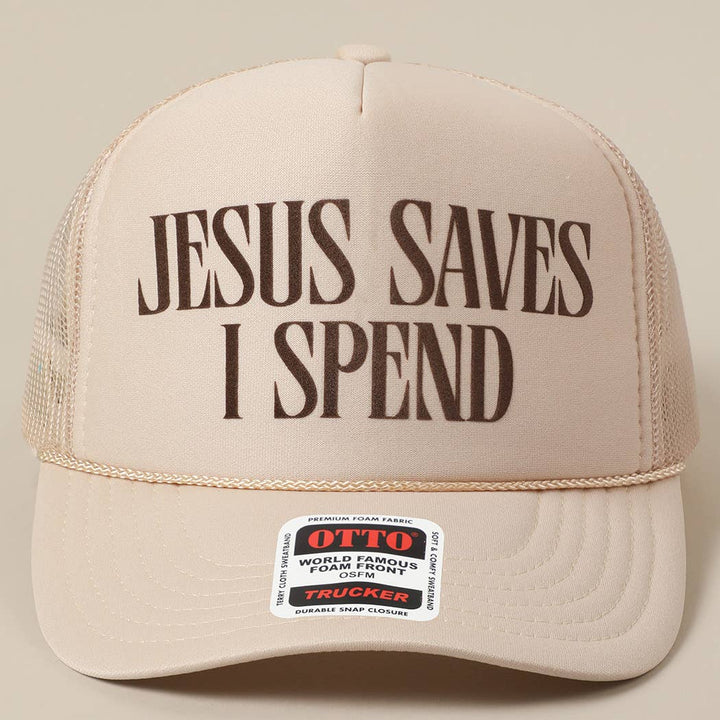 Fashion City - JESUS SAVES I SPEND Text Mesh Back Trucker Hat: Pink / ONE SIZE