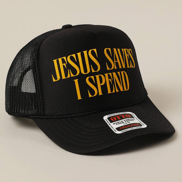 Fashion City - JESUS SAVES I SPEND Text Mesh Back Trucker Hat: NEON PINK / ONE SIZE