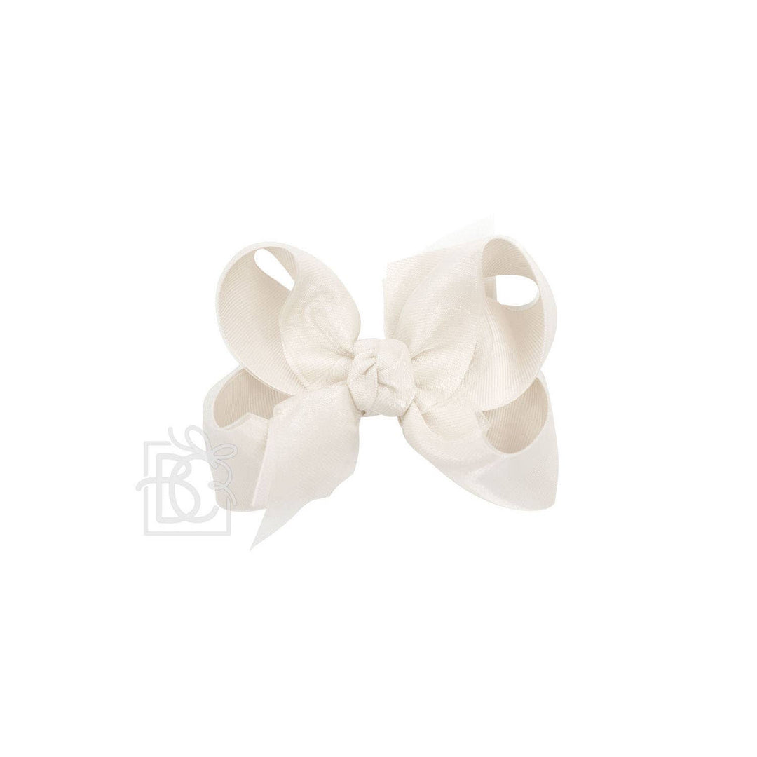 Beyond Creations, LLC - LAYERED ORGANZA/GROSGRAIN BOW ON CLIP: 5.5" Huge - 2.25" Ribbons on Alligator Clip / ANTIQUE WHITE