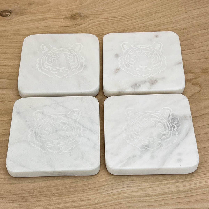 The Royal Standard - Tiger Etched Marble Coasters   White   4x4