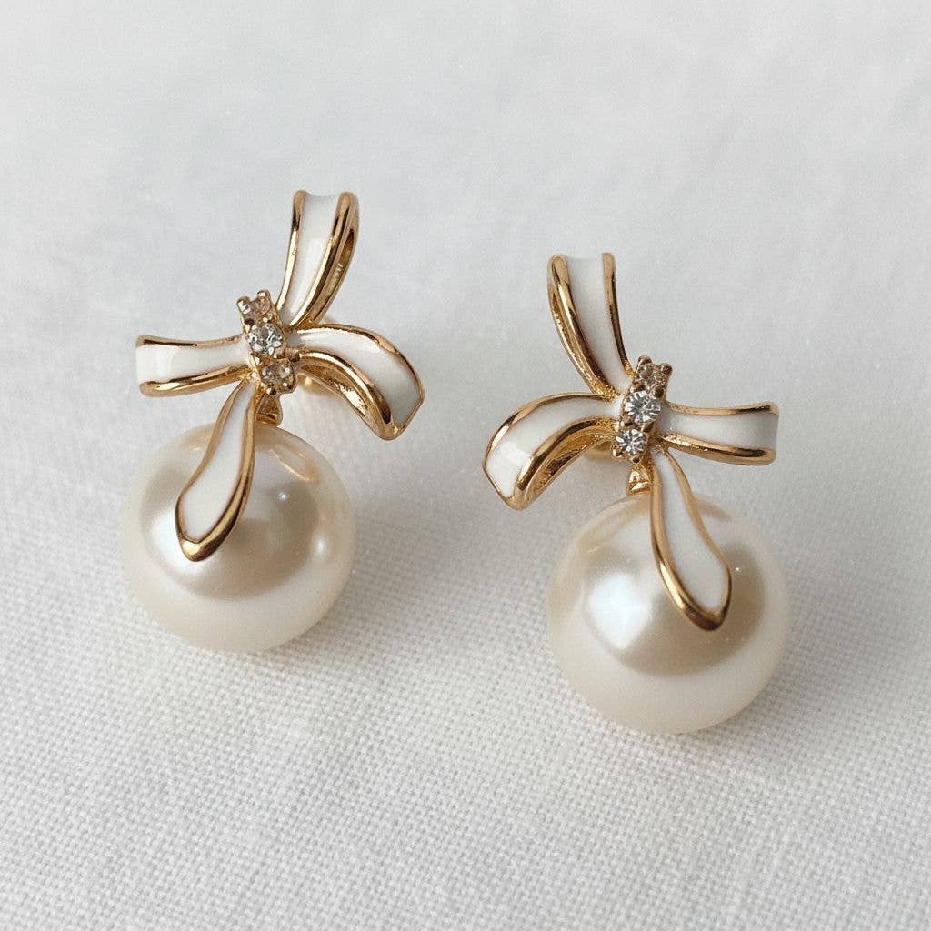 Ellemadera - Pearl Bowknot Stud Earrings with French Elegance