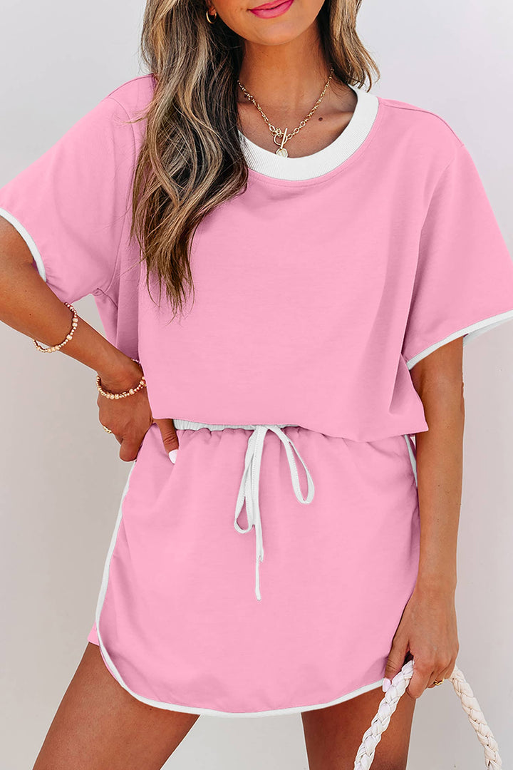 Colorblock Edge Drop Shoulder T Shirt and Skirt 2Pcs Set: Black / S