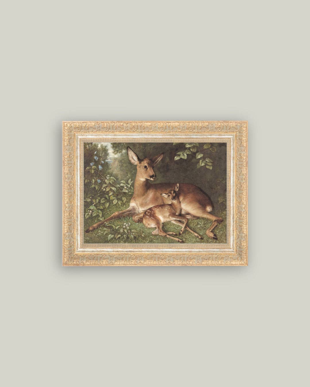Petal Lane Home - Doe with Fawn Framed Antique Art: 12x10
