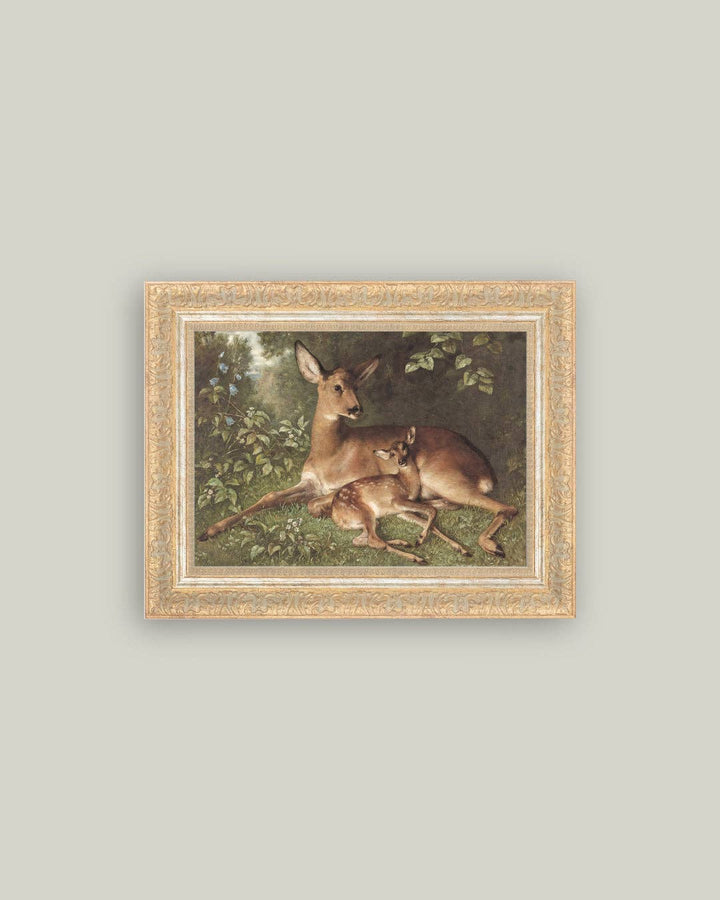 Petal Lane Home - Doe with Fawn Framed Antique Art: 12x10