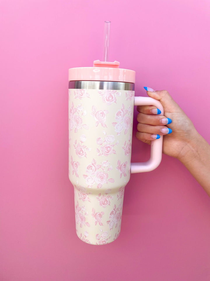 Rock Paper Scissors - Cream & Pink Floral 40oz Tumbler