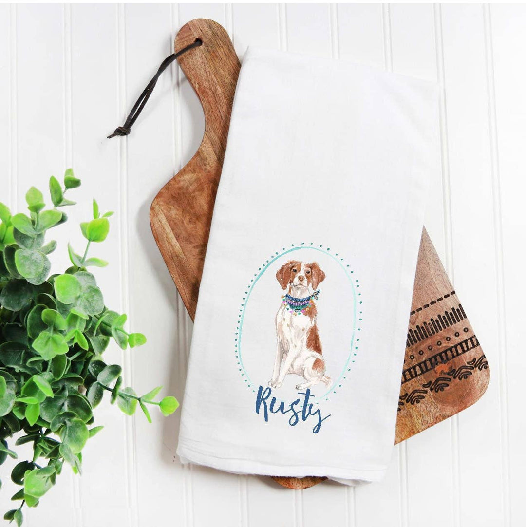 The Preppy Pineapple Home - Brittany Spaniel Flour Sack Tea Towel, Personalized Pet Gift: Seersucker Bow Tie / Blue Polka Dot Oval