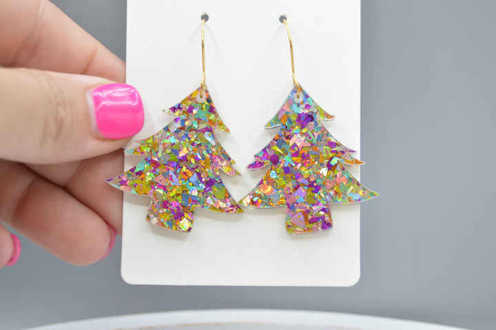 Colorful Confetti Christmas Tree Earrings, Acrylic Earrings