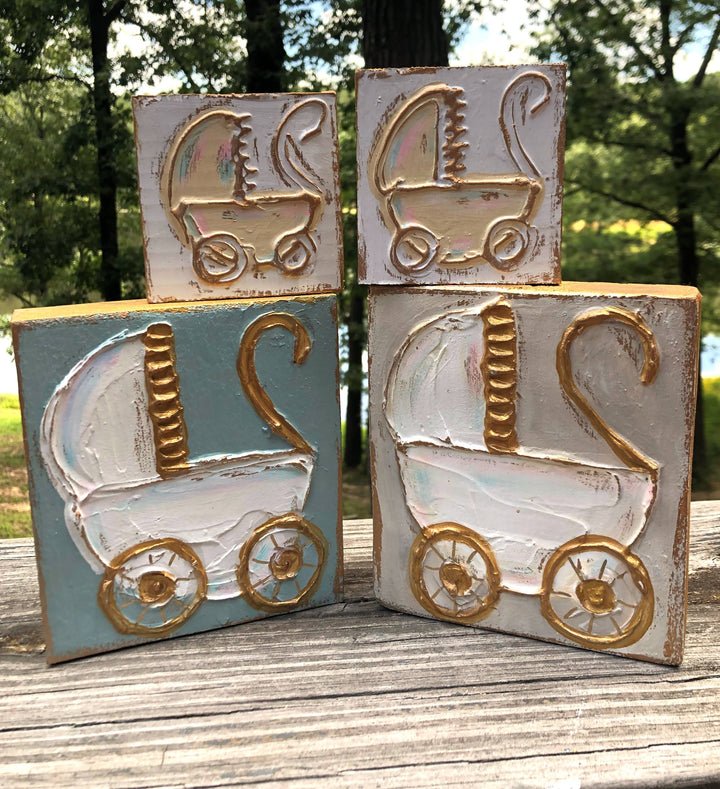 Coddiwomple - Baby Carriage handmade textured wood block: Cream background / Mini block (3x3)
