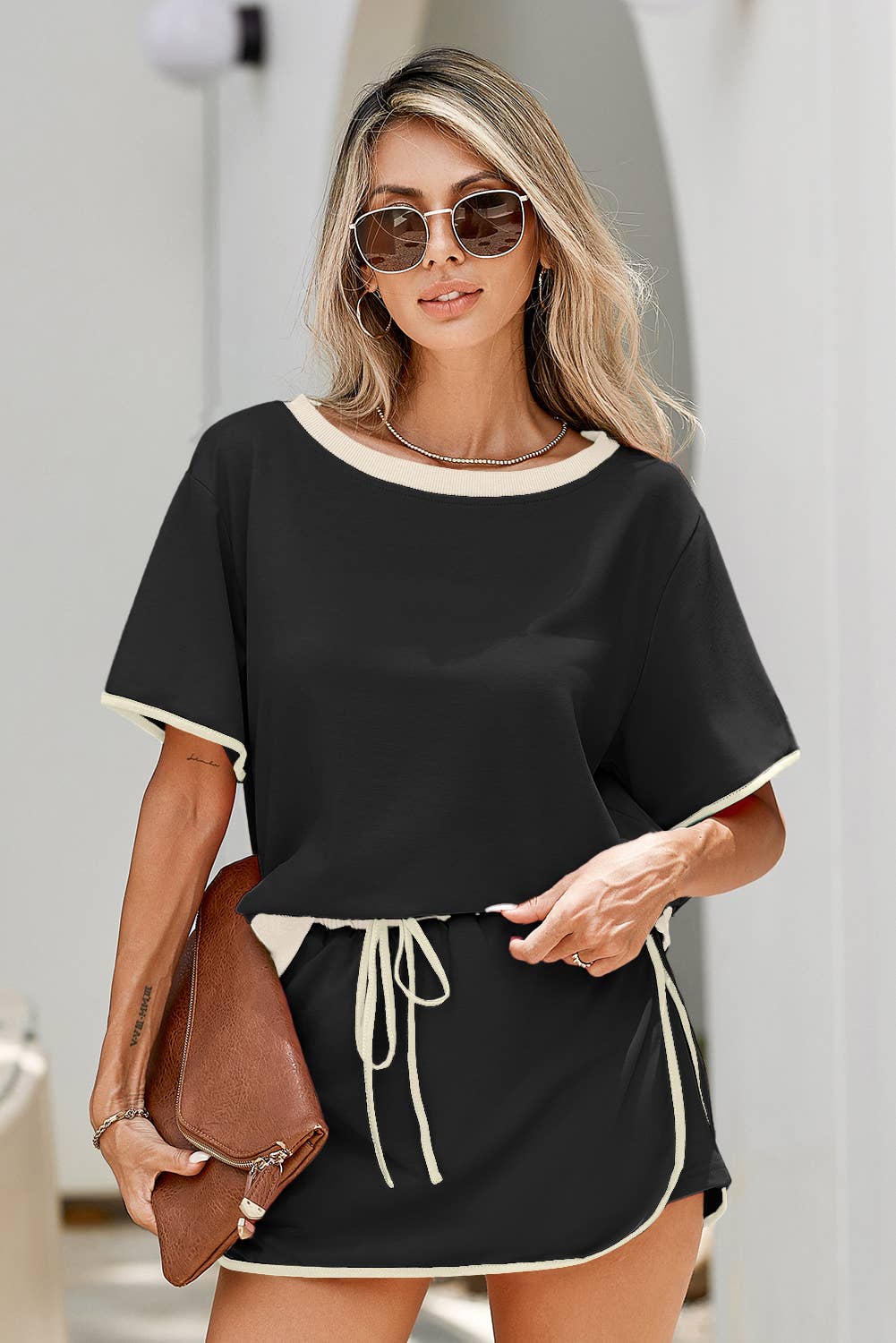 Colorblock Edge Drop Shoulder T Shirt and Skirt 2Pcs Set: Black / L