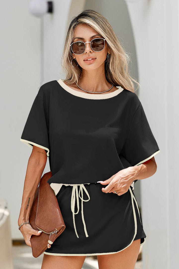 Colorblock Edge Drop Shoulder T Shirt and Skirt 2Pcs Set: Black / M