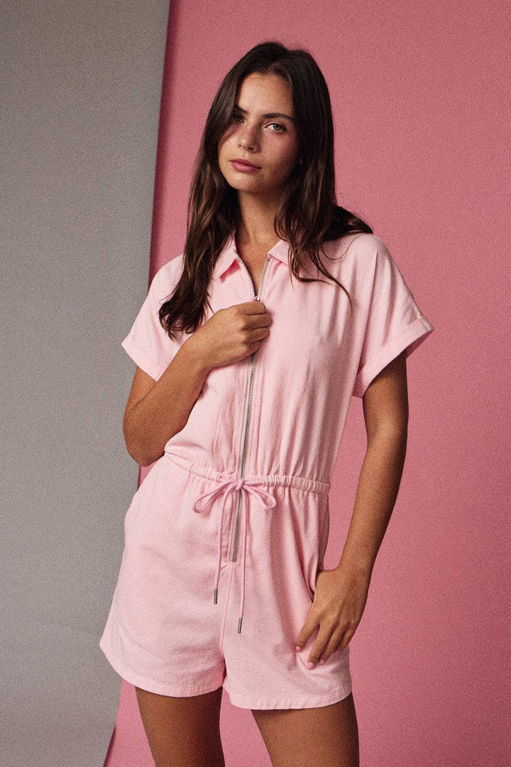 Papermoon - PR19522 - Zip Front Drawstring Romper Relaxed Fit: PINK / S-M-L (3-2-1)