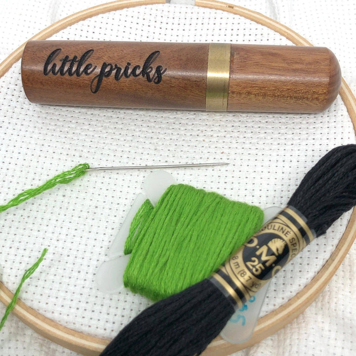 Snarky Crafter Designs - Little Pricks Engraved Needle Case: Snarky Embroidery Cross Stitch Quilting Custom Solid Wood Brass Screw Top Needle Storage Tube Container: On Pins & Needles