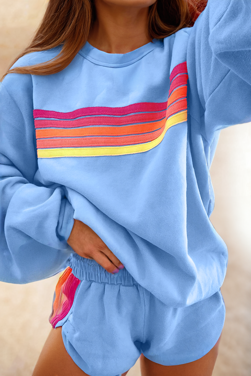 LA Society - Color Contrast Trim Long Sleeve Top and Shorts Set: Blue / Missy / L