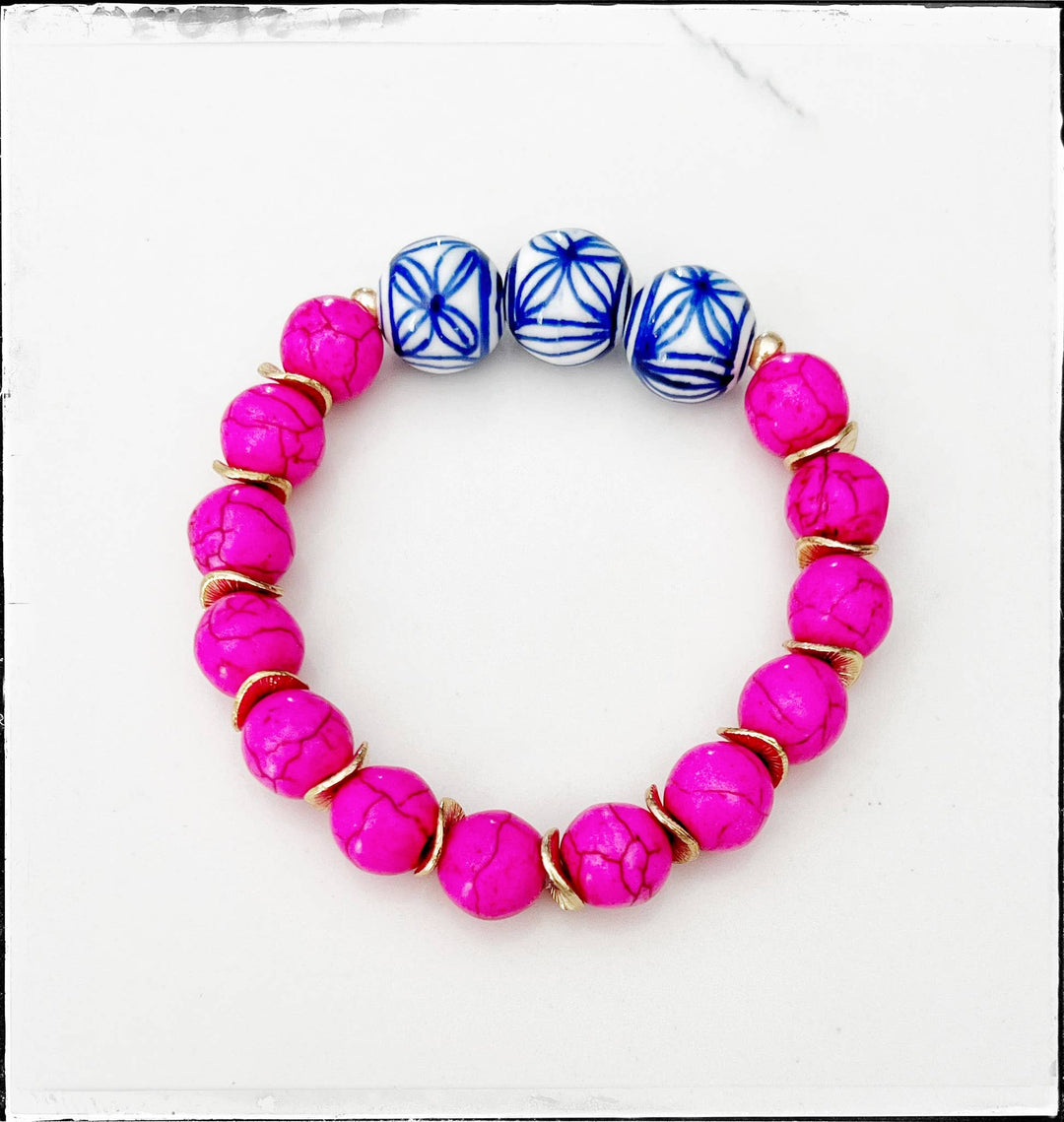 GentrybyJenna - Pink Turquoise Gemstone & Chinoiserie Bead Stretch Bracelet: 7”