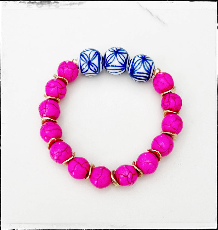 GentrybyJenna - Pink Turquoise Gemstone & Chinoiserie Bead Stretch Bracelet: 7”