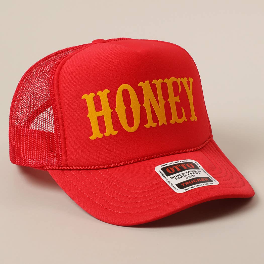 Fashion City - HONEY Text Logo Printed Mesh Back Trucker Hat: White / ONE SIZE