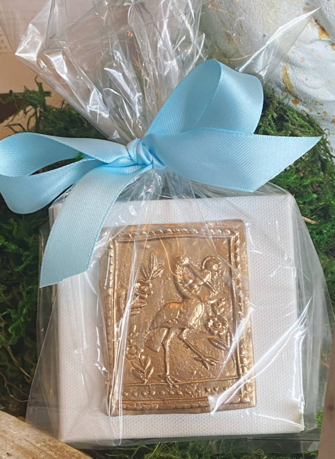 Rouge 225 - Gilded Vintage Style Stork with Baby Canvas Art: Blue Satin