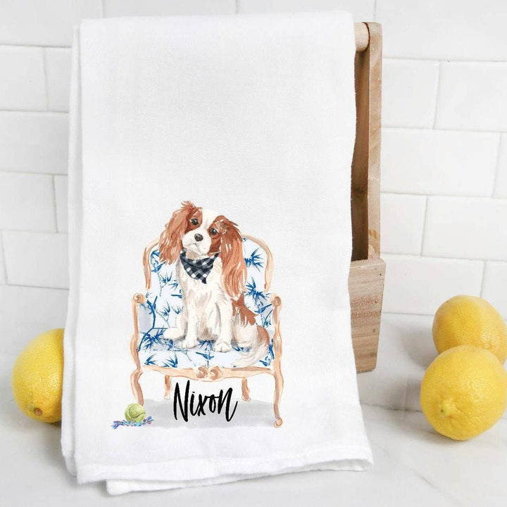 The Preppy Pineapple Home - Tan King Charles Spaniel Flour Sack Towel: No Accessory / Chinoiserie Chair