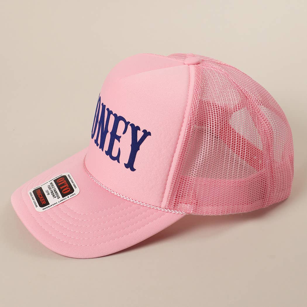 Fashion City - HONEY Text Logo Printed Mesh Back Trucker Hat: White / ONE SIZE