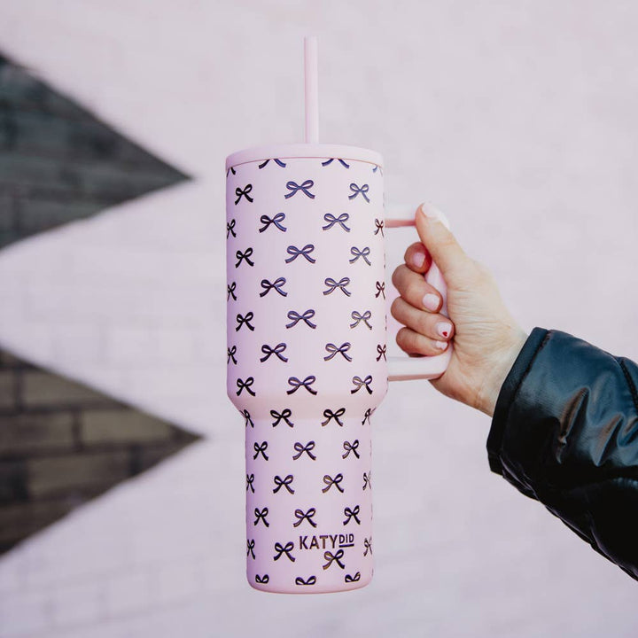 Katydid - Black & Pink Mini Coquette Bows 38 Oz Tumbler w Handle: Light Pink