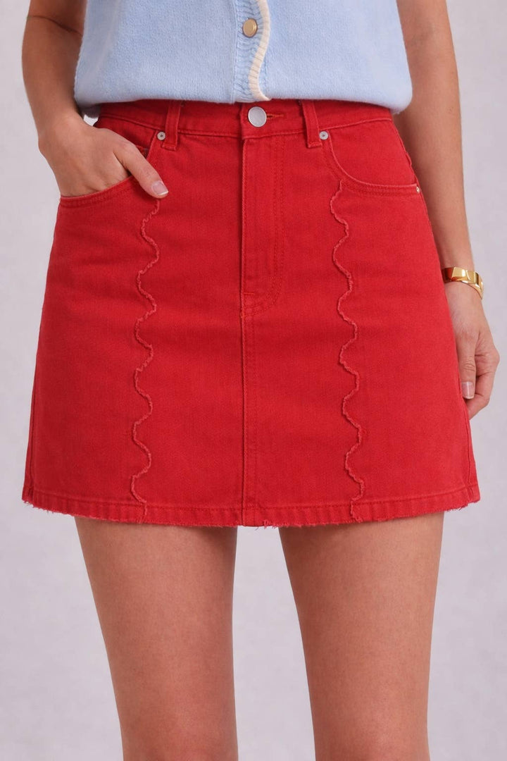 BON - GAME DAY SCALLOP EDGE SEAMED COLOR DENIM MINI SKIRT: RED / S-M-L(2-2-2)