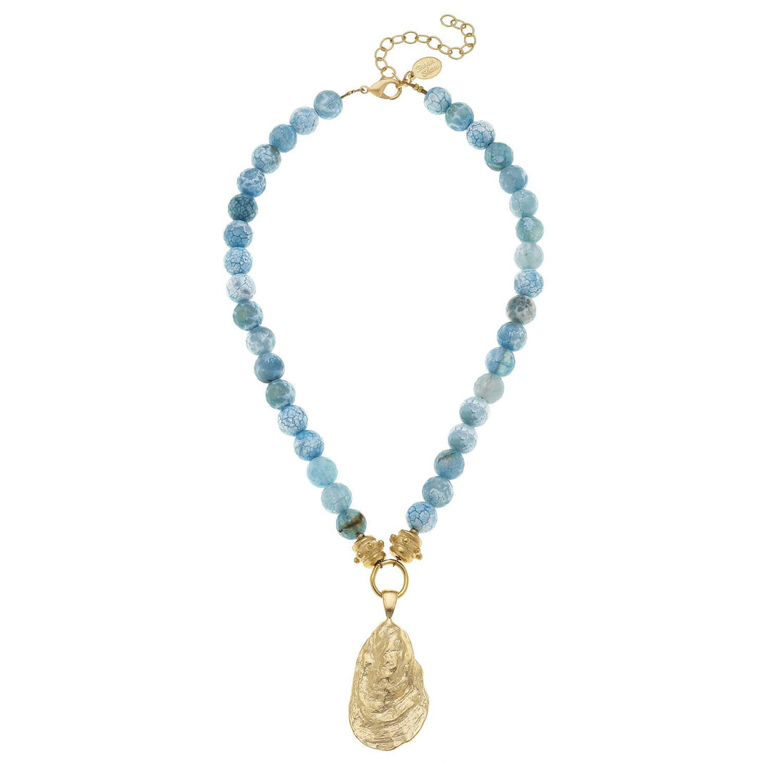 Susan Shaw - Gold Oyster Shell on Aqua Fire Agate Necklace