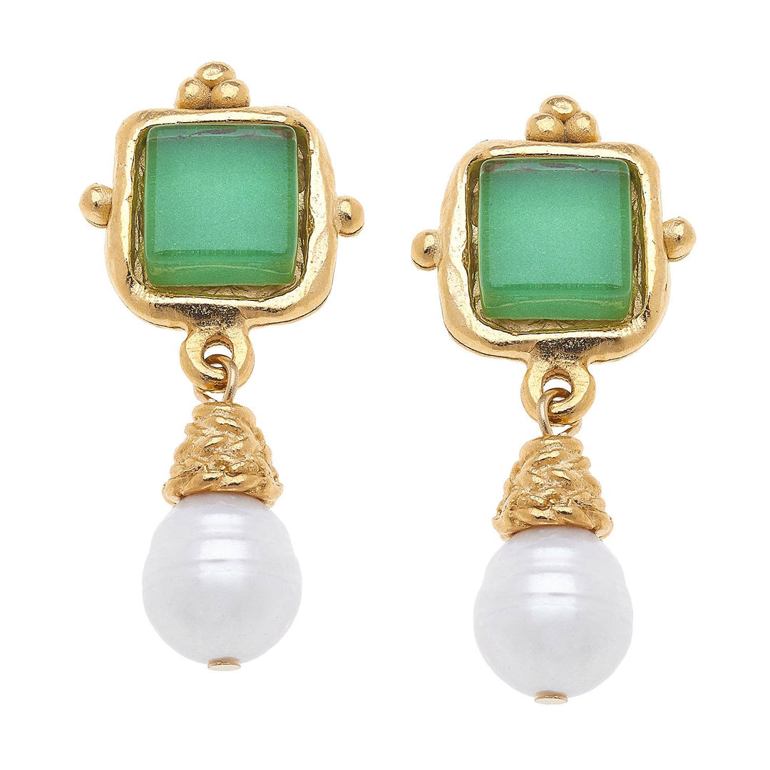 Susan Shaw - Charlotte Green French Glass + Pearl Drop Earrings