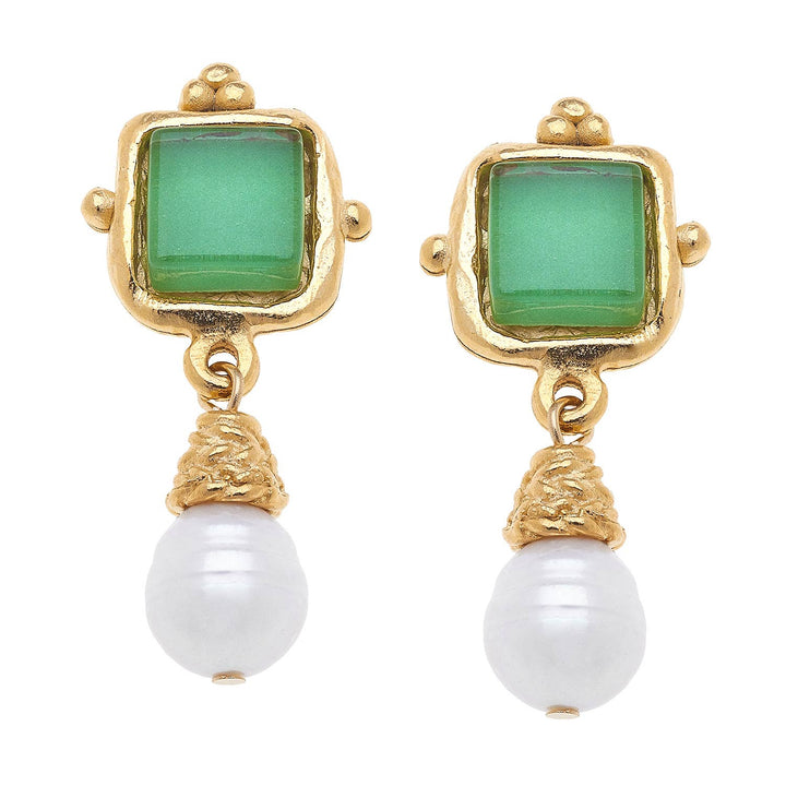 Susan Shaw - Charlotte Green French Glass + Pearl Drop Earrings
