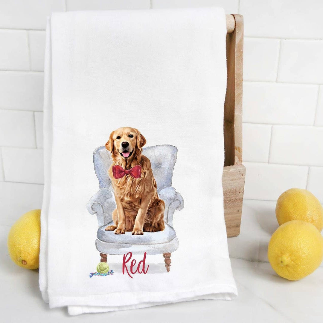 The Preppy Pineapple Home - Custom Golden Retriever 3 Flour Sack Towel, Tea Towel, Dog M: Pink Belle Bow Tie / Palm Chair