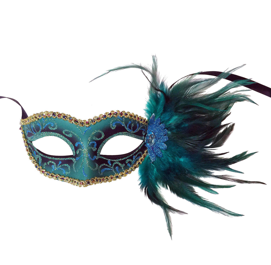 Mardi Gras Creations - Glitter Swirl Eyelet Mask With Side Feathers: Red