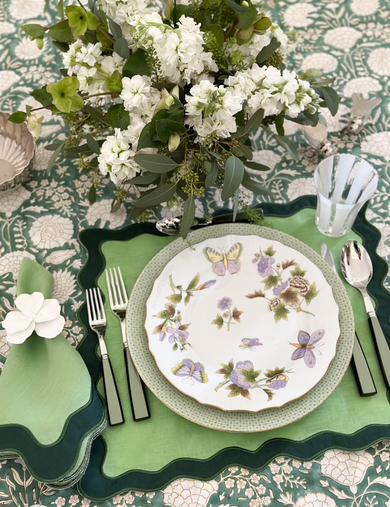 Don Lino Forest green print tablecloth, 72 x 132 in