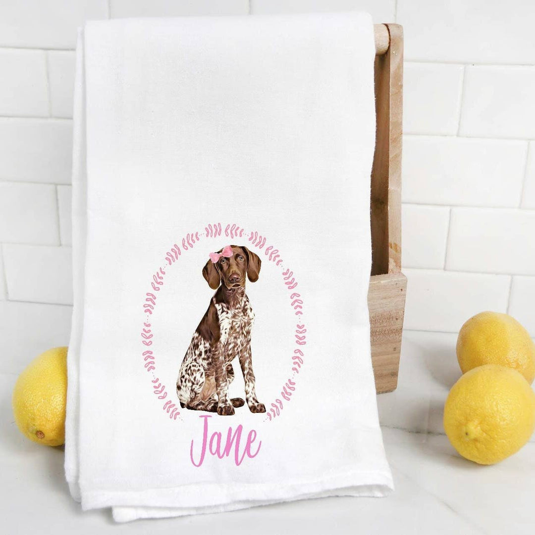 The Preppy Pineapple Home - Custom Brown Pointer Flour Sack Towel with Pet Name: No Accessory / Wingback Chair