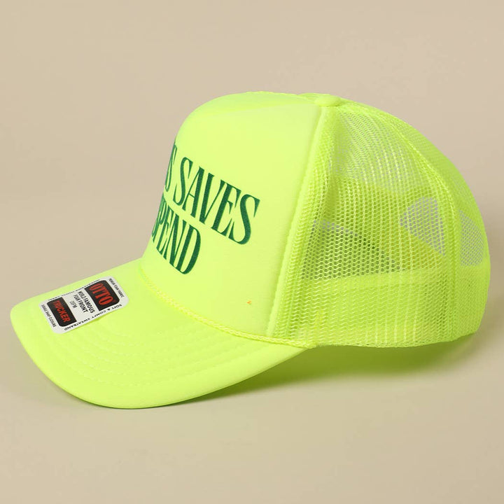 Fashion City - JESUS SAVES I SPEND Text Mesh Back Trucker Hat: Pink / ONE SIZE