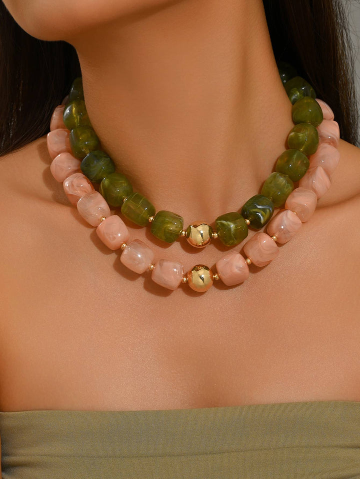 MKS America - Boho Colorful Geometric Acrylic Bead Necklace: Green