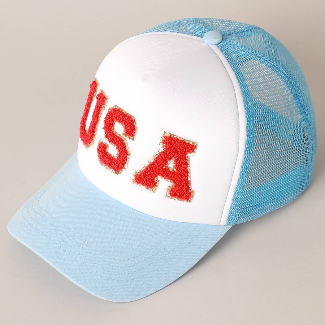 Fashion City - USA Chenille Patched Trucker Hat: LIGHT BLUE / ONE SIZE