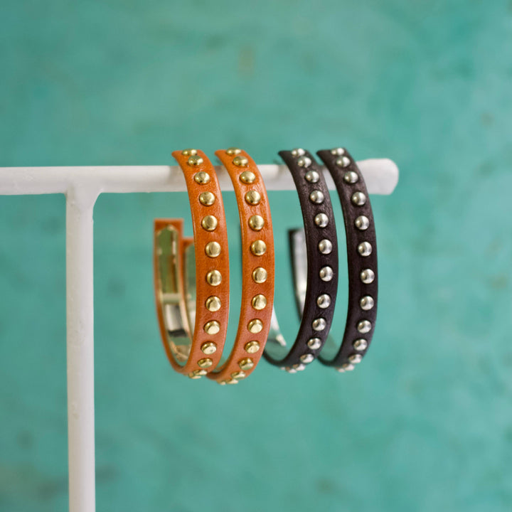 a.v. max - Studded Leather Hoops: 1.5" / Black/Gold