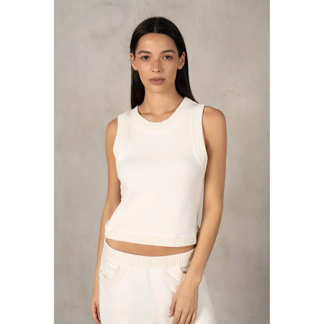 Cotton Loop Terry Wide Rib Mineral Wash Sleeveless Top-Ivory