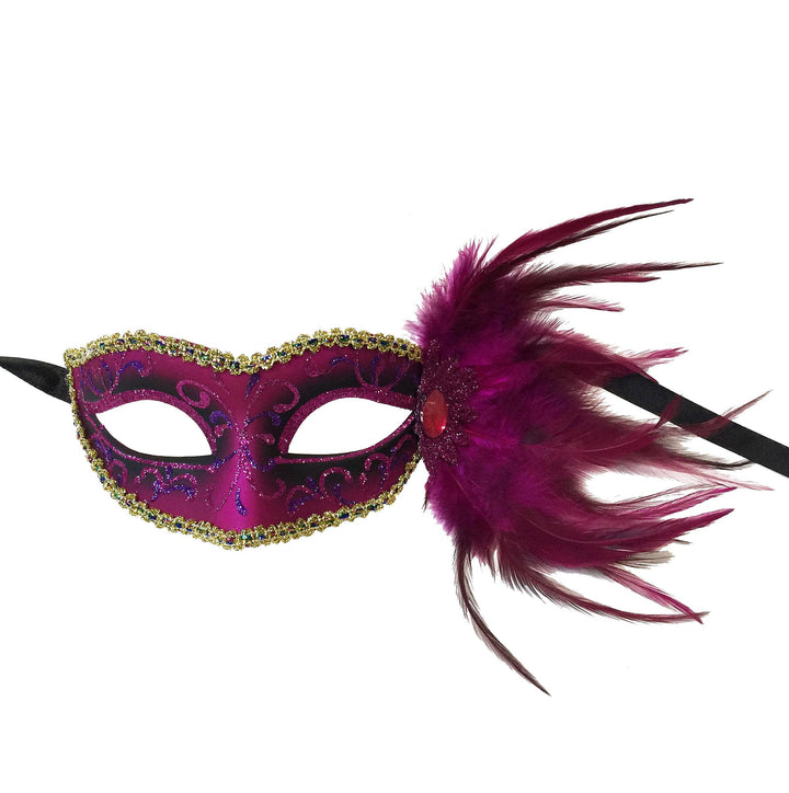 Mardi Gras Creations - Glitter Swirl Eyelet Mask With Side Feathers: Turquoise
