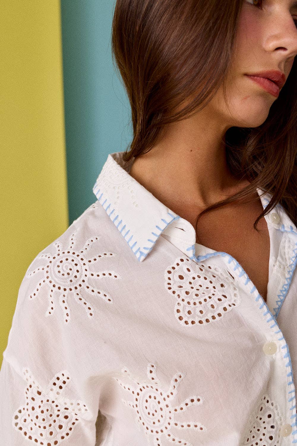 Papermoon - PX19371 SEASHELL EYELET BUTTON DOWN TOP SHORT SET: WHITE