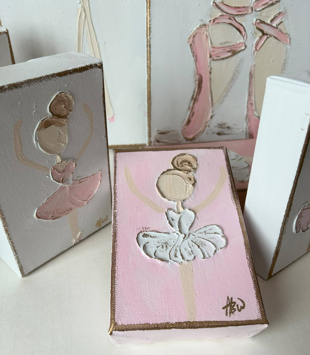 Coddiwomple - Ballerina canvas hand painted textured recital dance ballet: White back & pink dress / 4x6 gallery profile canvas / Light skin & lt. brown hair