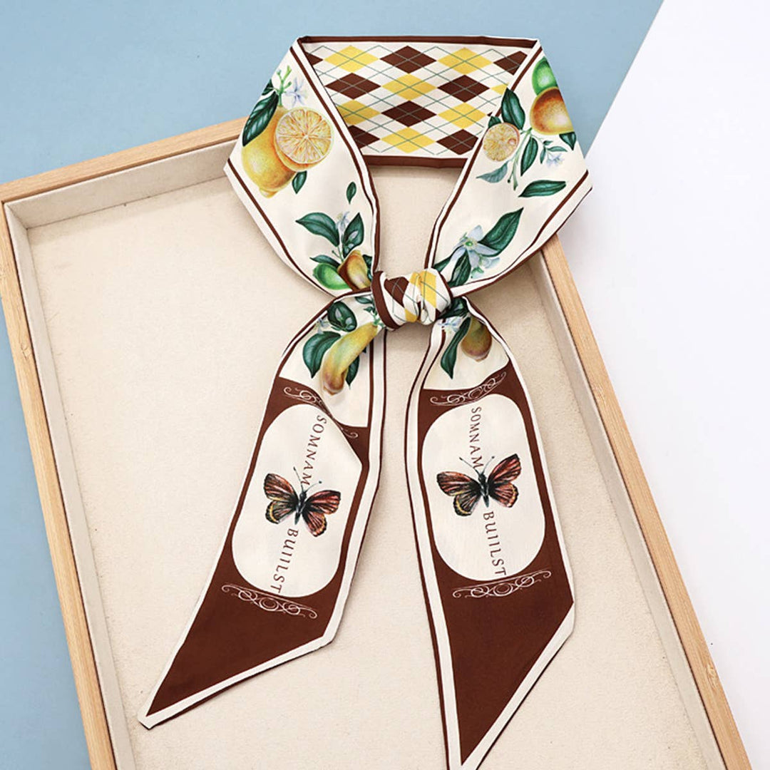 ACCITY - Fruit Print Twilly Scarf – Hair Tie & Bag Ribbon_CWASC0431: Brown / (OS) 10
