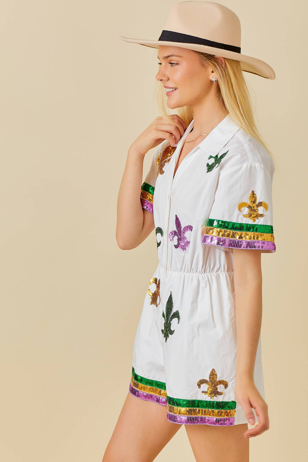 Main Strip - Mardi Gras Sequin Trim Solid Romper: WHITE / M